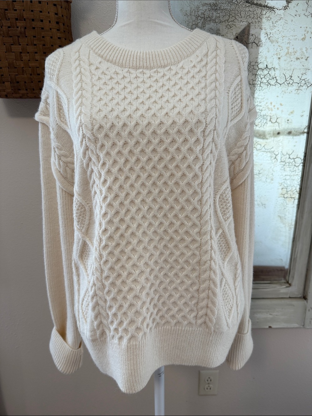 Hem & Thread Cable Knit Crewneck Sweater in Cream